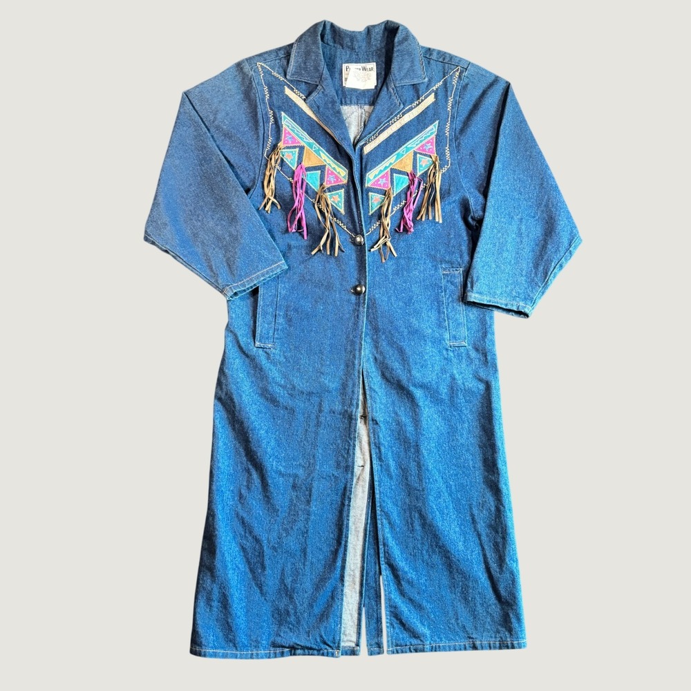 Pioneer Wear Womens Denim Duster Coat 8 Blue Demin Southwestern Fringe Applique